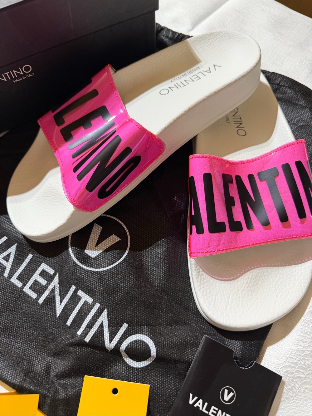 Valentino Pink Logo Slide Sandals White Size 7 w/ Box Dust Bag Cards Italy